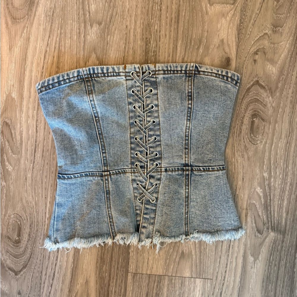 Denim stretch strapless western peplum cropped corset ties in the front S